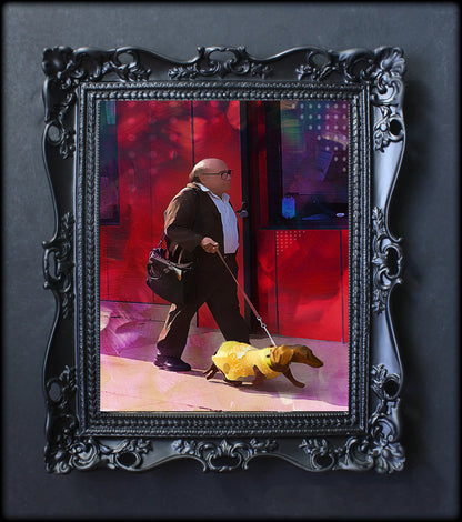 Danny DeVito walking dog artwork 