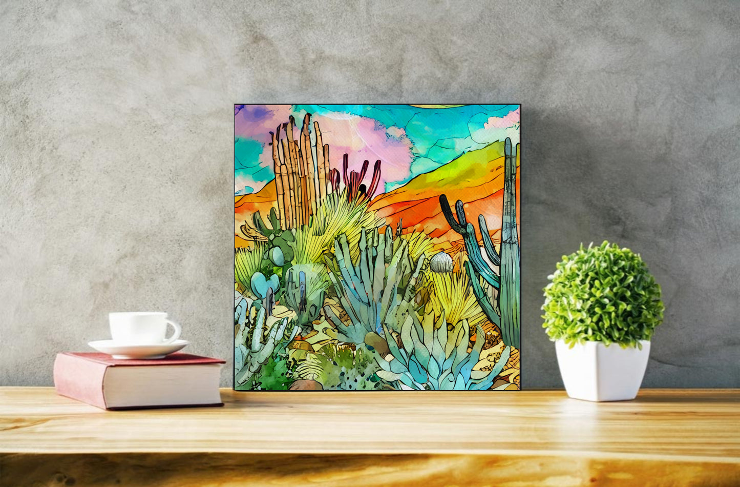 cactus watercolor art home decor