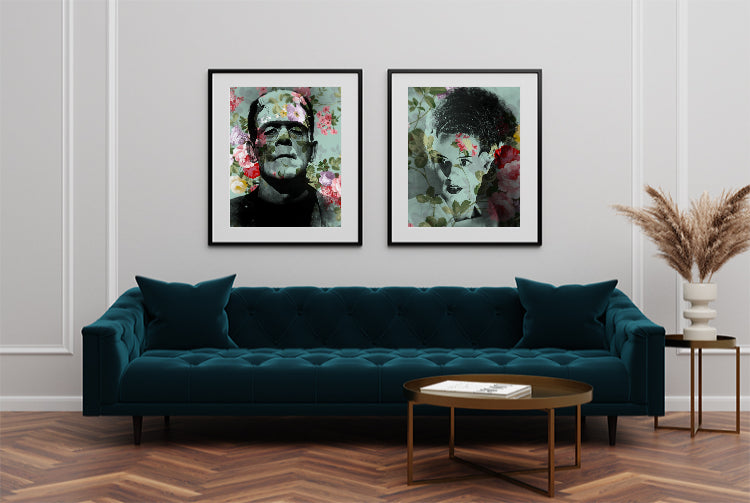 Frankenstein and Bride Floral Wall Art Print