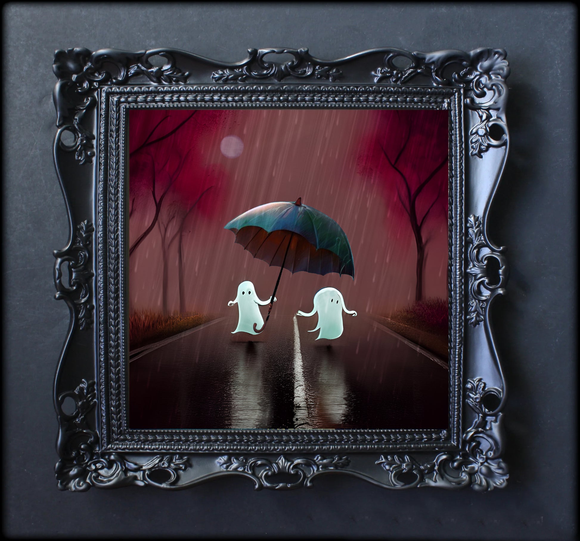 Ghosts in the rain with umbrella art artwork print