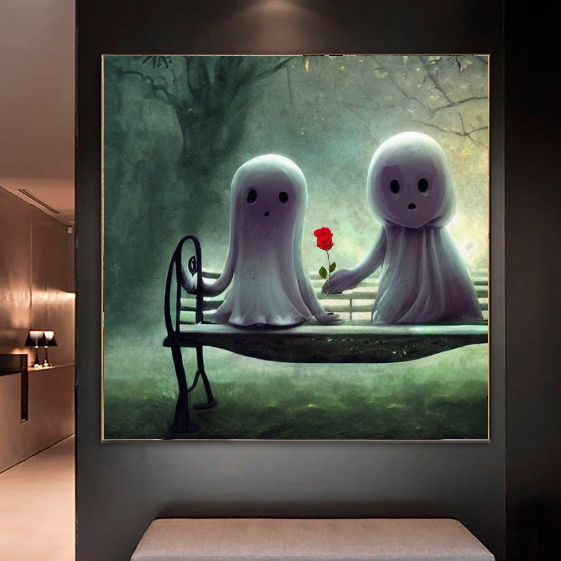ghosts in love on bench wall art artwork
