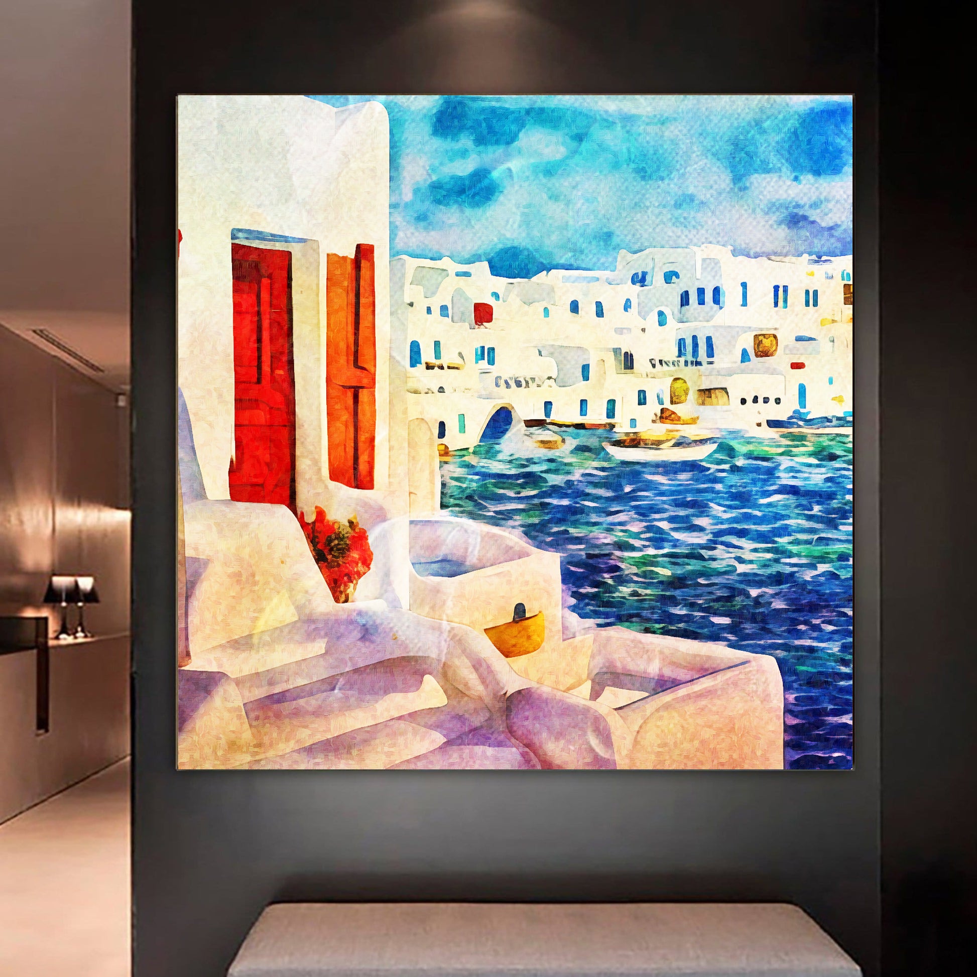 Large scale Mykonos Greece watercolor painting