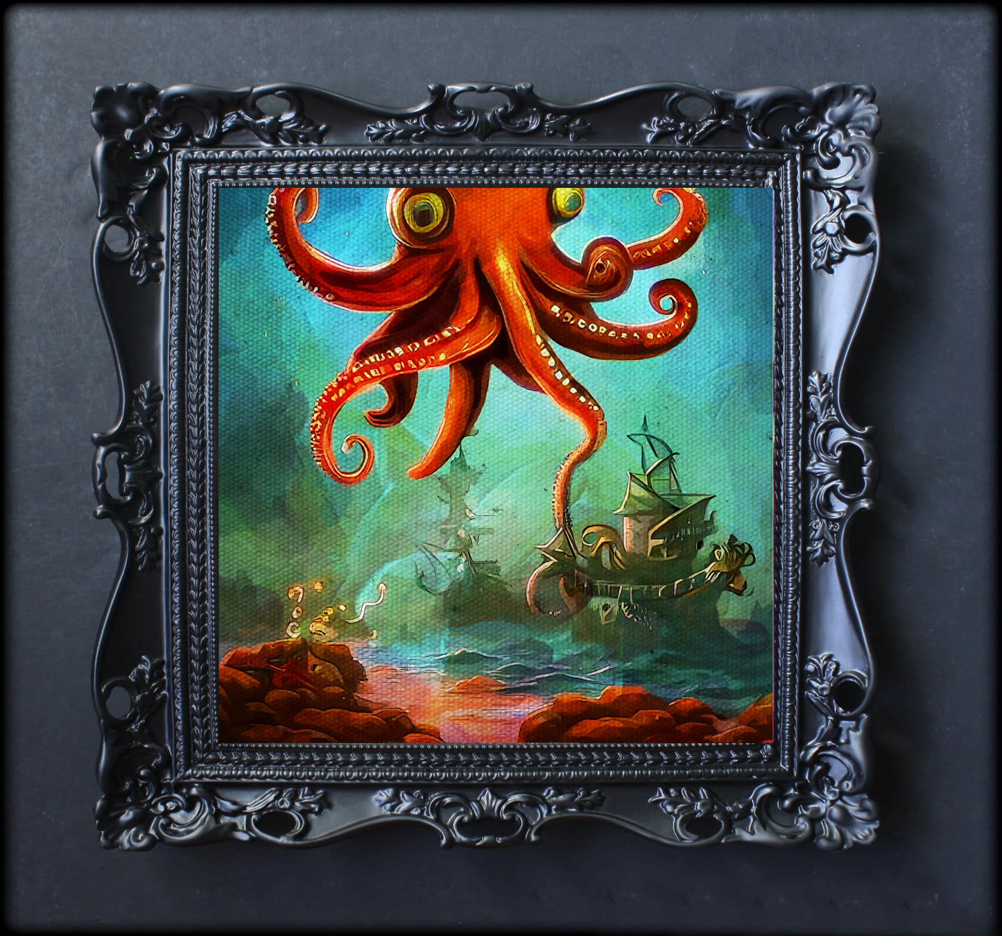 Kraken and pirate ship painting