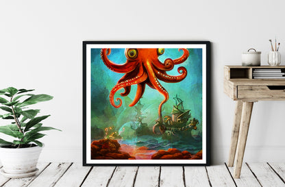 Kraken and pirate ship wall art print poster
