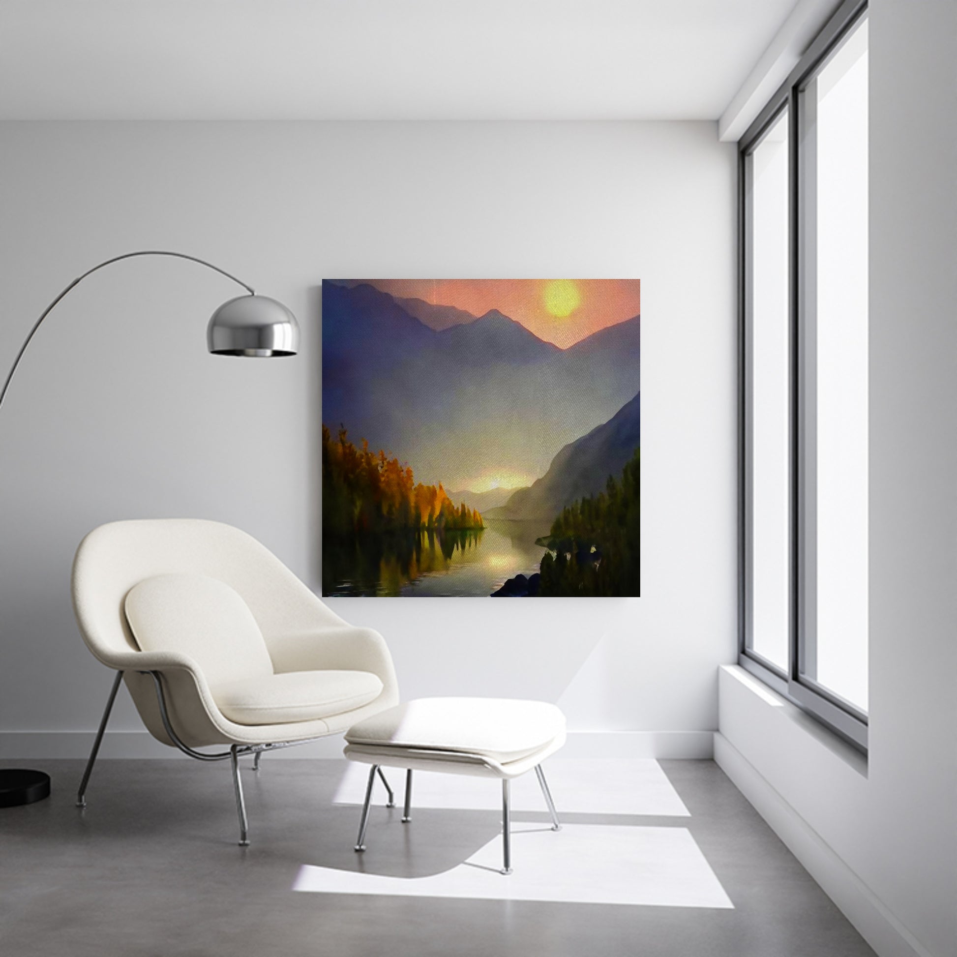 River at sunset watercolor canvas art